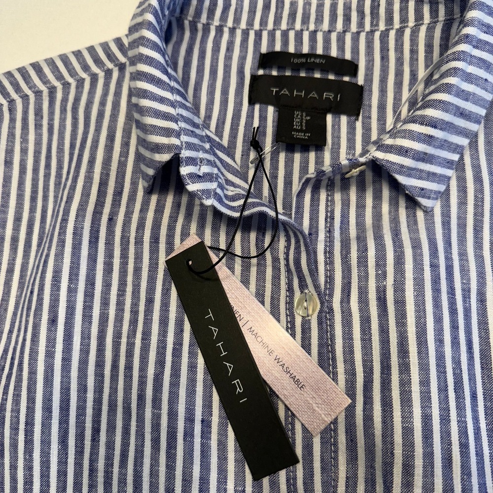 Tahari 100% Linen Blue & White Striped Button-Front Shirt Dress | Size L | NWT‎